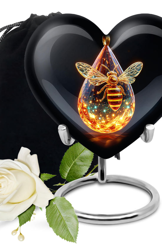 Deep Black Bee Cremation Urn detail view - loving heart memorial featuring bee pattern - full-size 10 inch 200 cubic inch adult cremation urn