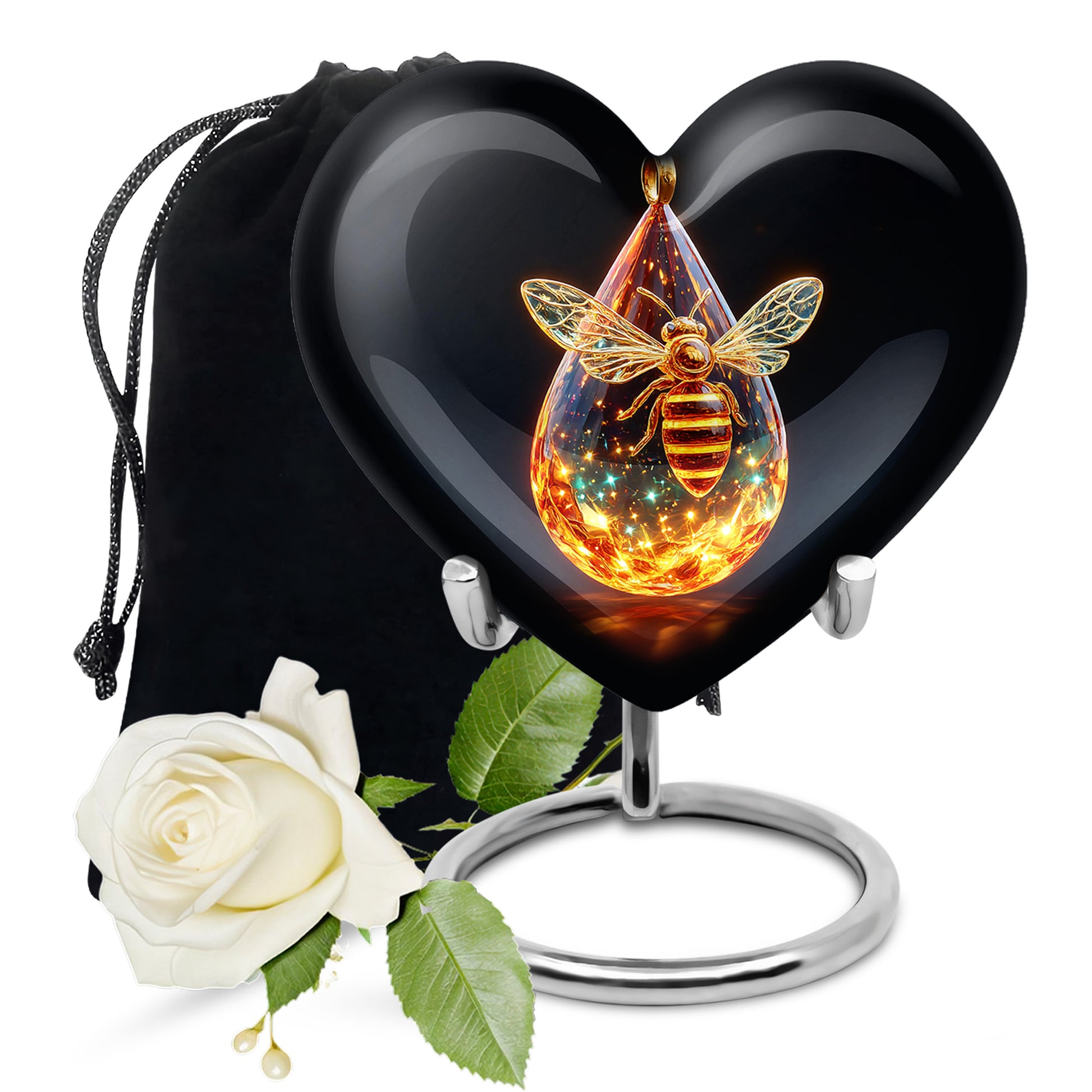 Deep Black Bee Cremation Urn detail view - loving heart memorial featuring bee pattern - full-size 10 inch 200 cubic inch adult cremation urn