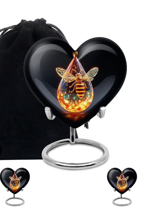 Onyx Black Bee Cremation Urn close-up of engraving and surface detail - romantic heart urn with bee motif on aluminum - memorial set with one large and four small urns