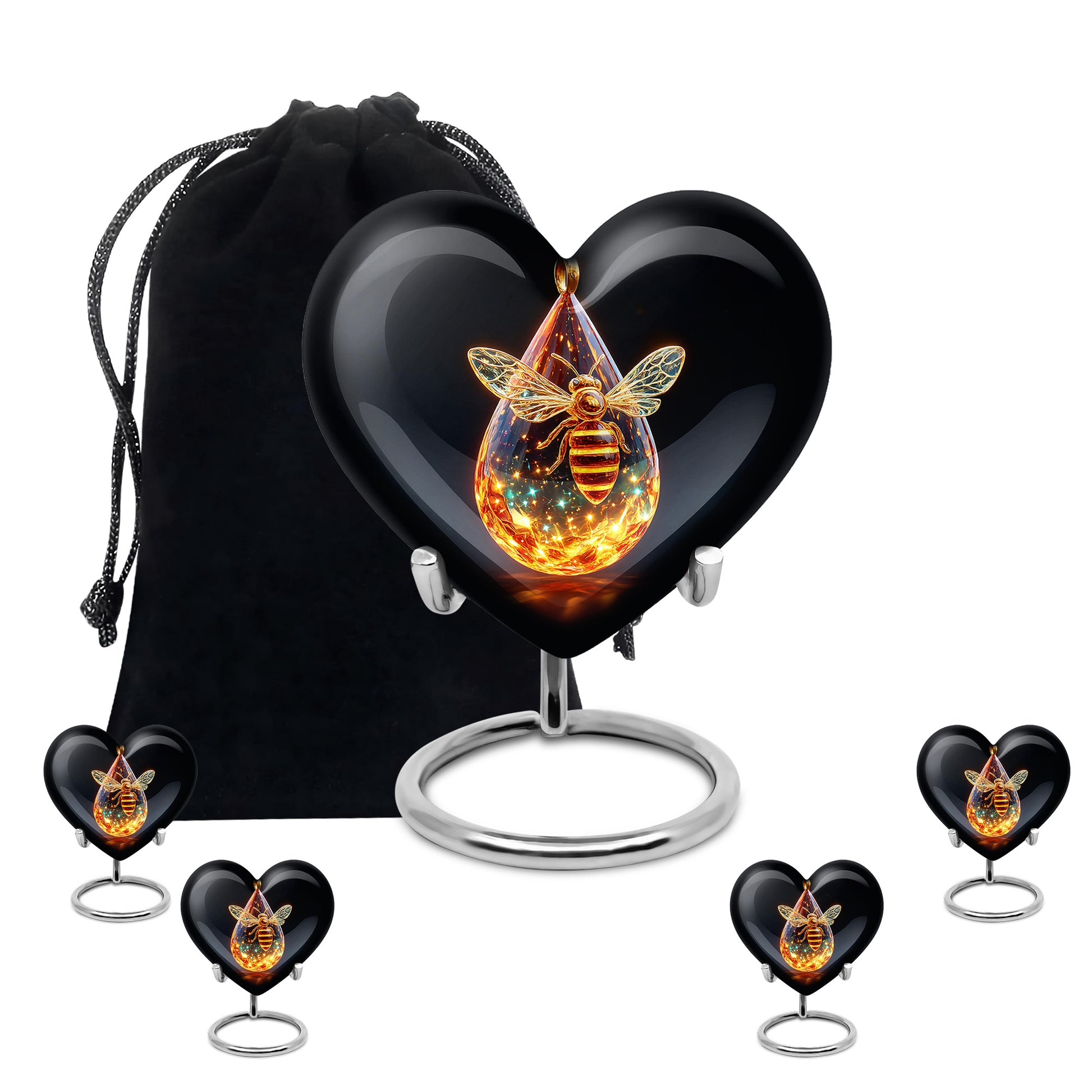 Onyx Black Bee Cremation Urn close-up of engraving and surface detail - romantic heart urn with bee motif on aluminum - memorial set with one large and four small urns