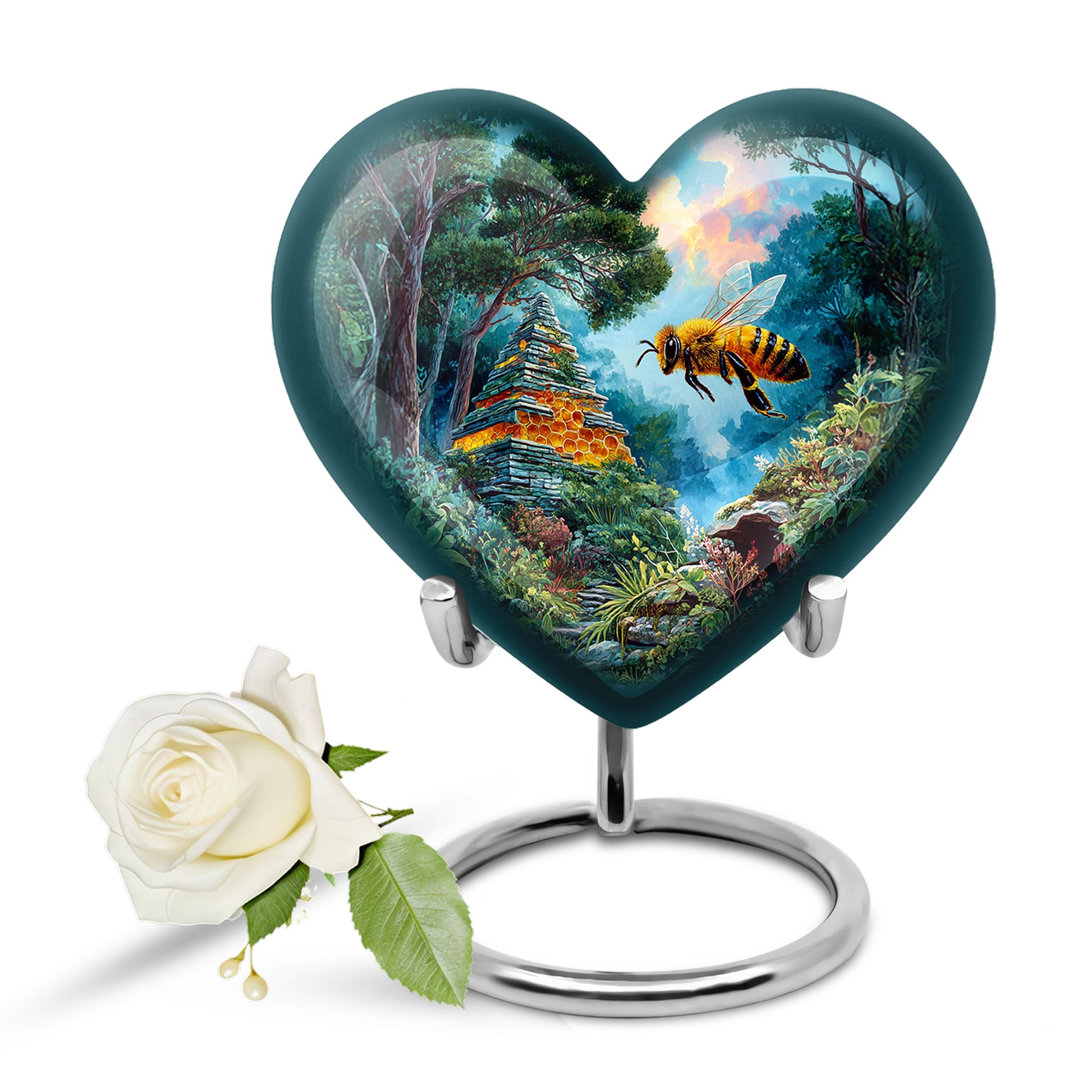Teal Breathtaking Bee Memorial Urn for Ashes - 10-inch, 200 cu in - Karyliz