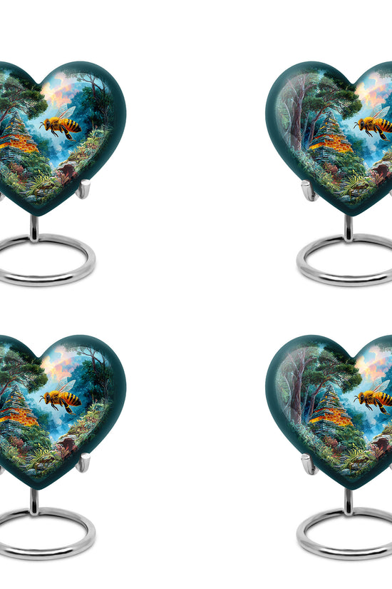 Ocean Teal Bee Cremation Urn angled view of lid and engraved motif - loving heart memorial featuring bee pattern - 10 inch aluminum urn for cremated remains