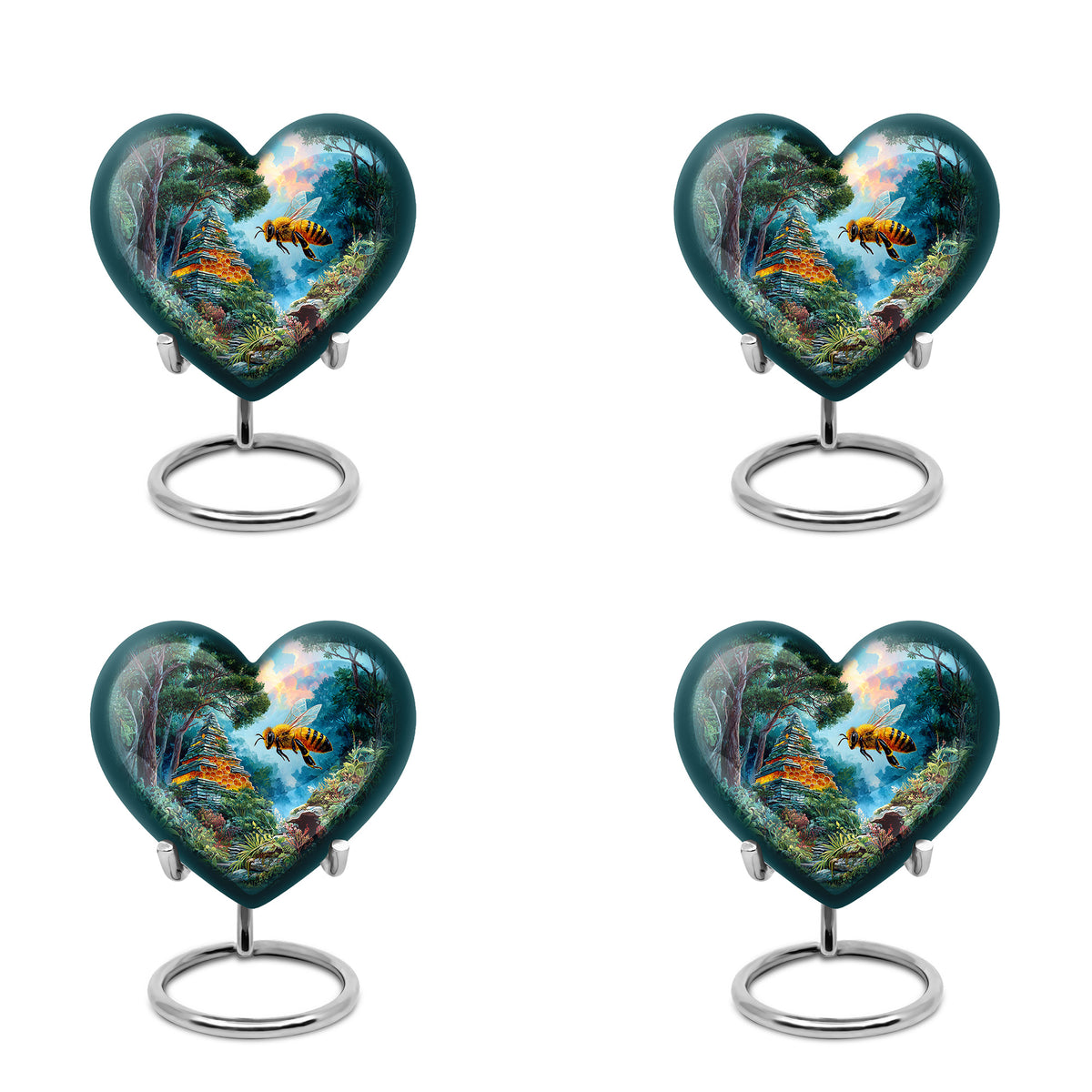 Ocean Teal Bee Cremation Urn angled view of lid and engraved motif - loving heart memorial featuring bee pattern - 10 inch aluminum urn for cremated remains