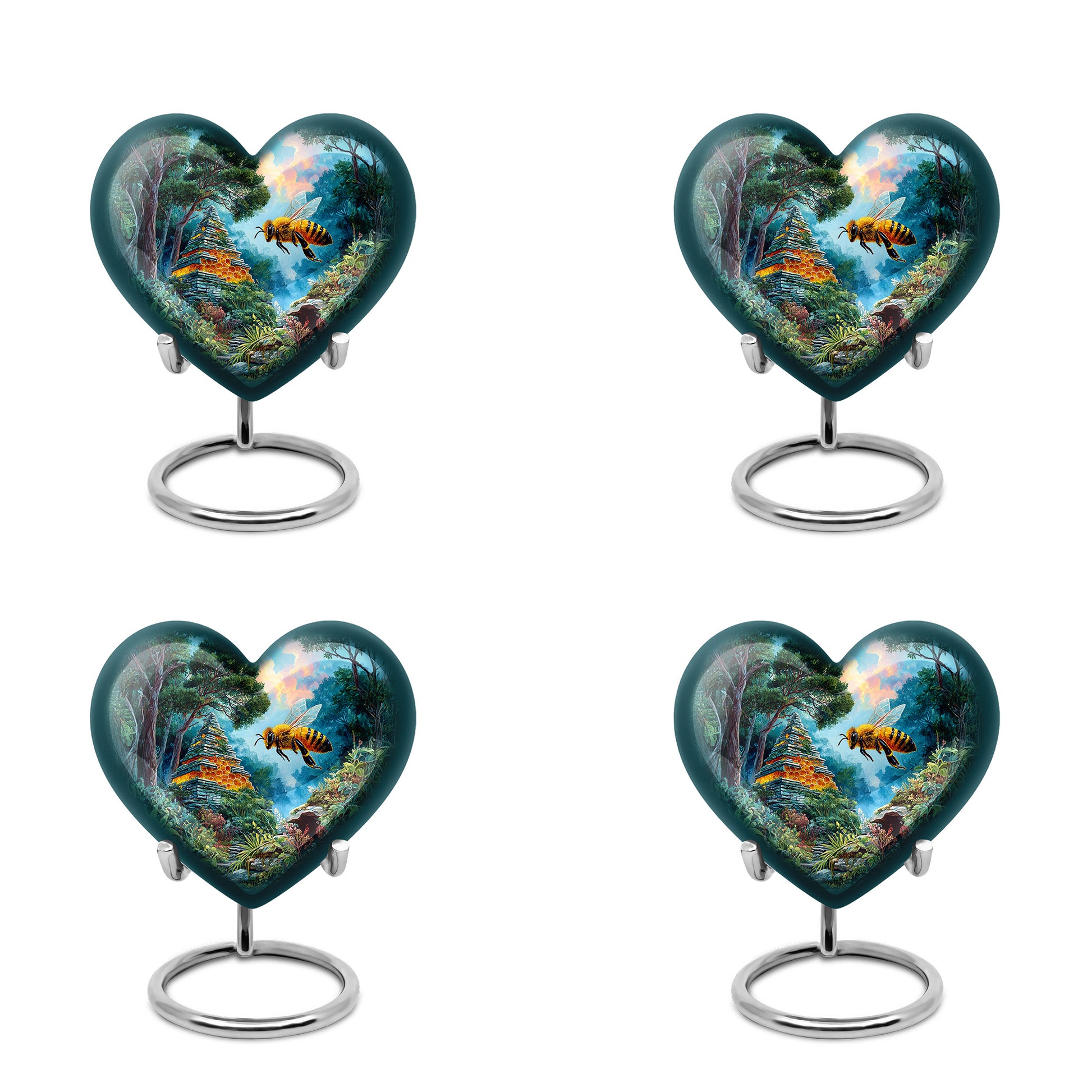 Ocean Teal Bee Cremation Urn angled view of lid and engraved motif - loving heart memorial featuring bee pattern - 10 inch aluminum urn for cremated remains
