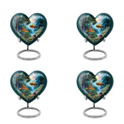 Ocean Teal Bee Cremation Urn angled view of lid and engraved motif - loving heart memorial featuring bee pattern - 10 inch aluminum urn for cremated remains