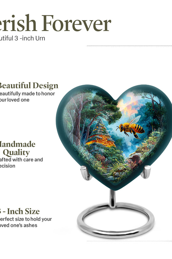Soft Teal Bee Cremation Urn front view showing detailed design - loving heart memorial featuring bee pattern - mini keepsake memorial for portion of cremation ashes