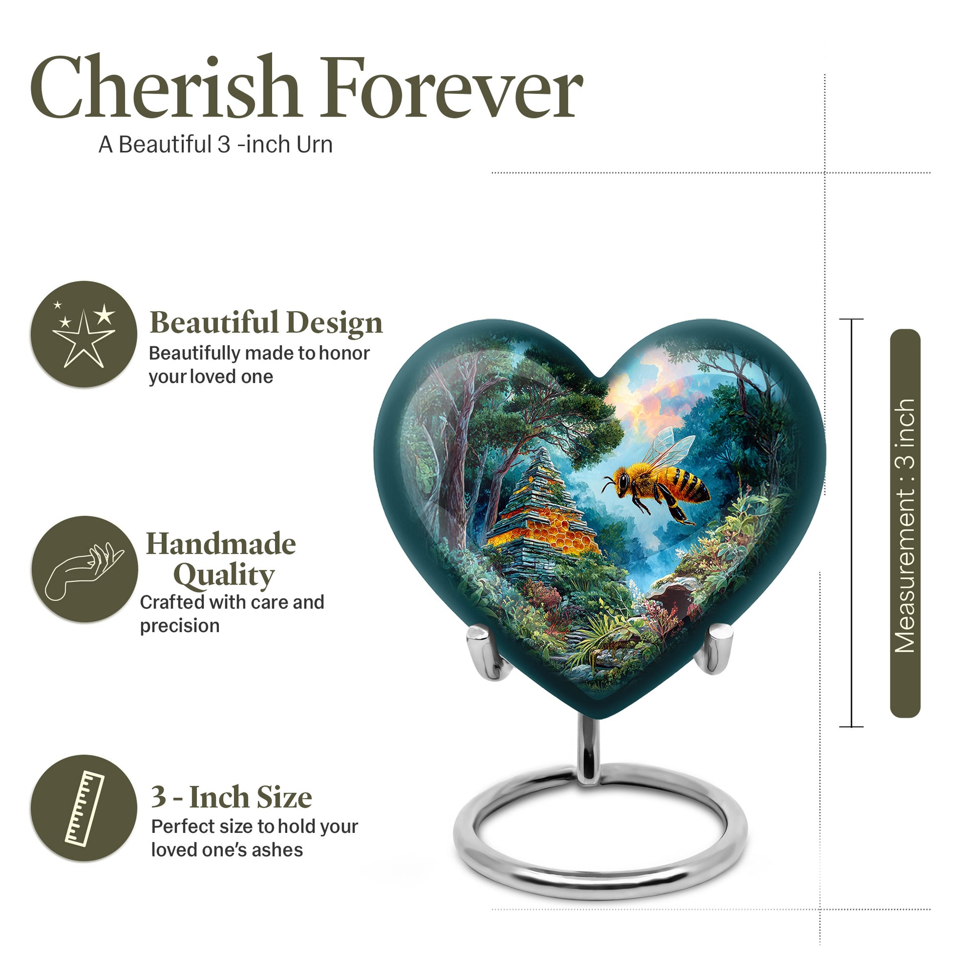 Soft Teal Bee Cremation Urn front view showing detailed design - loving heart memorial featuring bee pattern - mini keepsake memorial for portion of cremation ashes