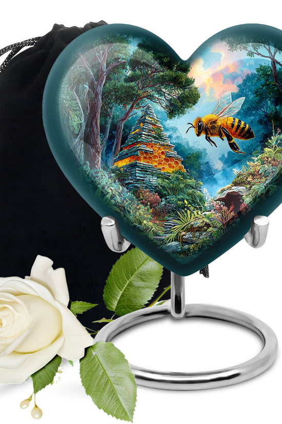 Sea Green Teal Bee Cremation Urn detail view - heart-shaped bee design symbolizing eternal love - full-size 10 inch 200 cubic inch adult cremation urn
