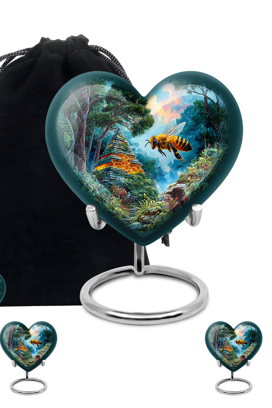 Sea Green Teal Bee Cremation Urn close-up of engraving and surface detail - loving heart memorial featuring bee pattern - memorial set with one large and four small urns