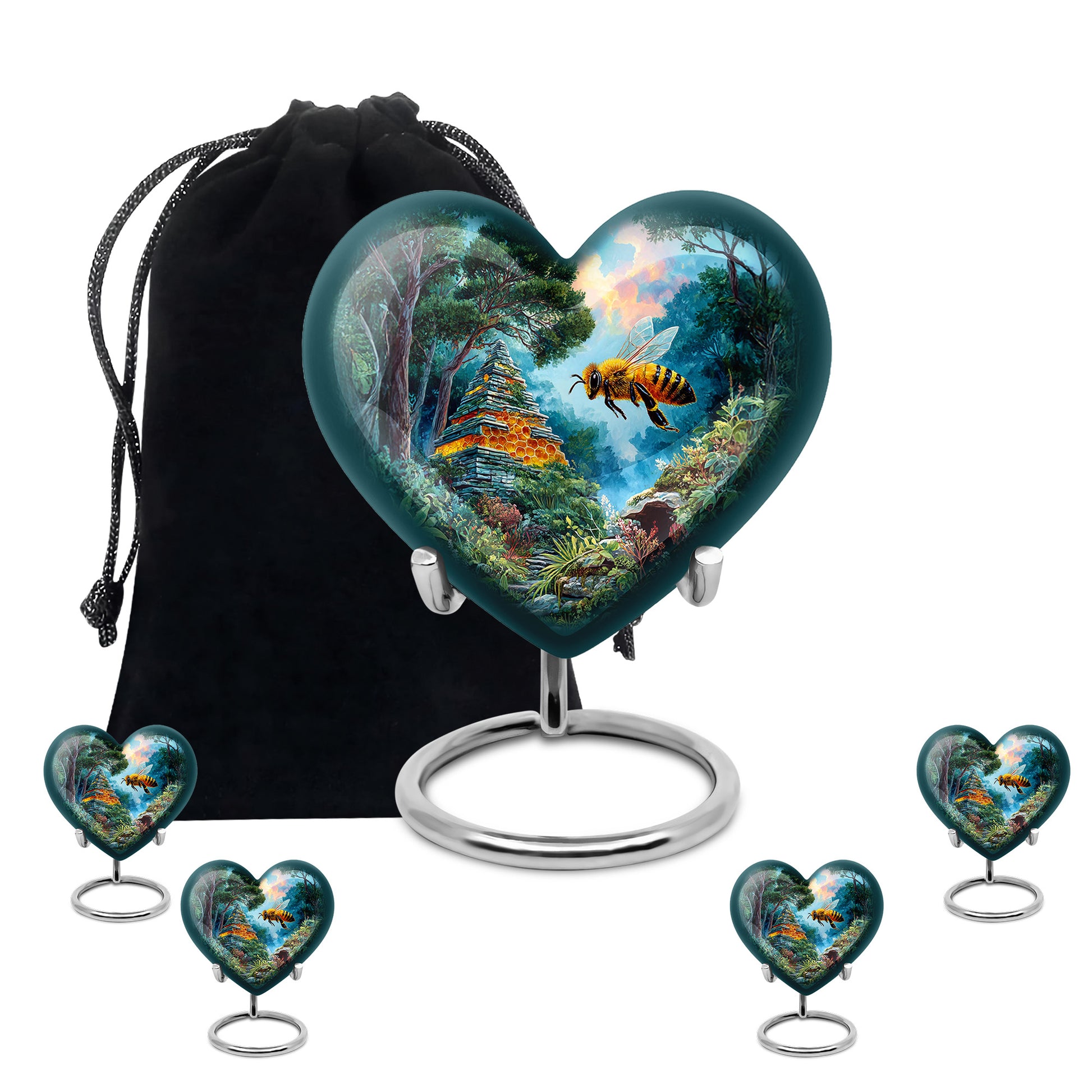 Sea Green Teal Bee Cremation Urn close-up of engraving and surface detail - loving heart memorial featuring bee pattern - memorial set with one large and four small urns