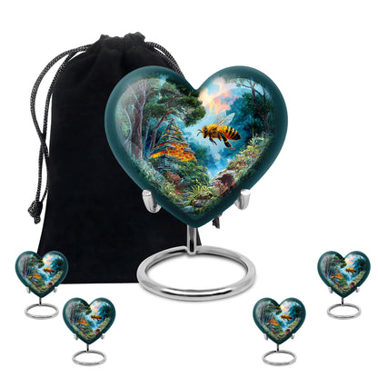 Sea Green Teal Bee Cremation Urn close-up of engraving and surface detail - loving heart memorial featuring bee pattern - memorial set with one large and four small urns