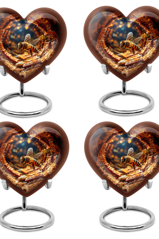Rich Red Bee Cremation Urn angled view of lid and engraved motif - romantic heart urn with bee motif on aluminum - 10 inch aluminum urn for cremated remains