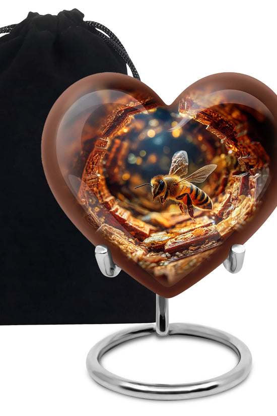 Deep Red Bee Cremation Urn detail view - heart-shaped bee design symbolizing eternal love - full-size 10 inch 200 cubic inch adult cremation urn