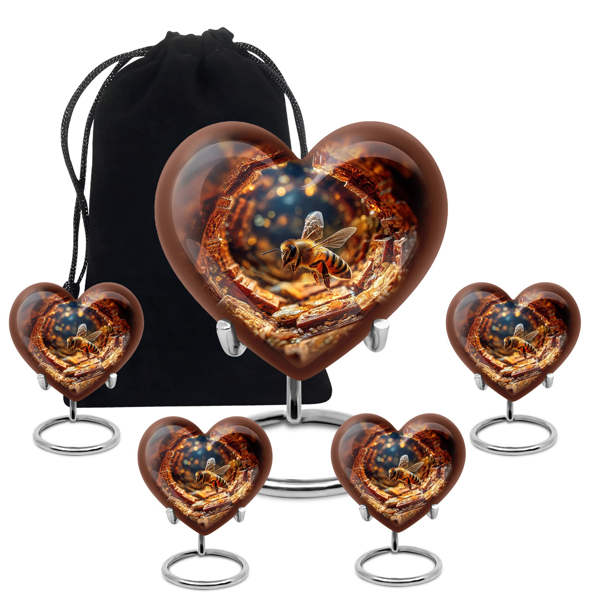 Deep Red Bee Cremation Urn close-up of engraving and surface detail - heart-shaped bee design symbolizing eternal love - memorial set with one large and four small urns