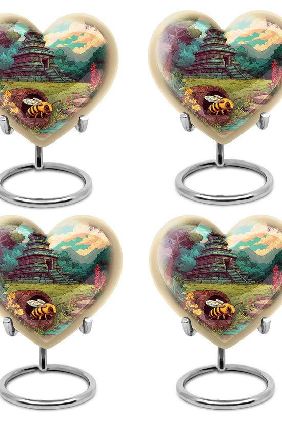 Hunter Green Bee Cremation Urn angled view of lid and engraved motif - romantic heart urn with bee motif on aluminum - 10 inch aluminum urn for cremated remains