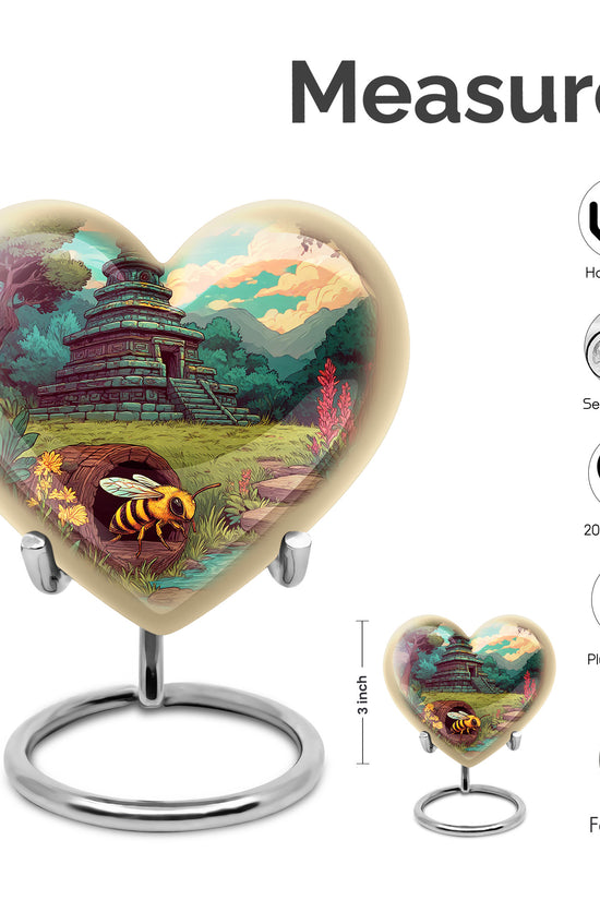 Hunter Green Bee Cremation Urn front view showing detailed design - compassionate heart-bee combination with gentle curves - mini keepsake memorial for portion of cremation ashes