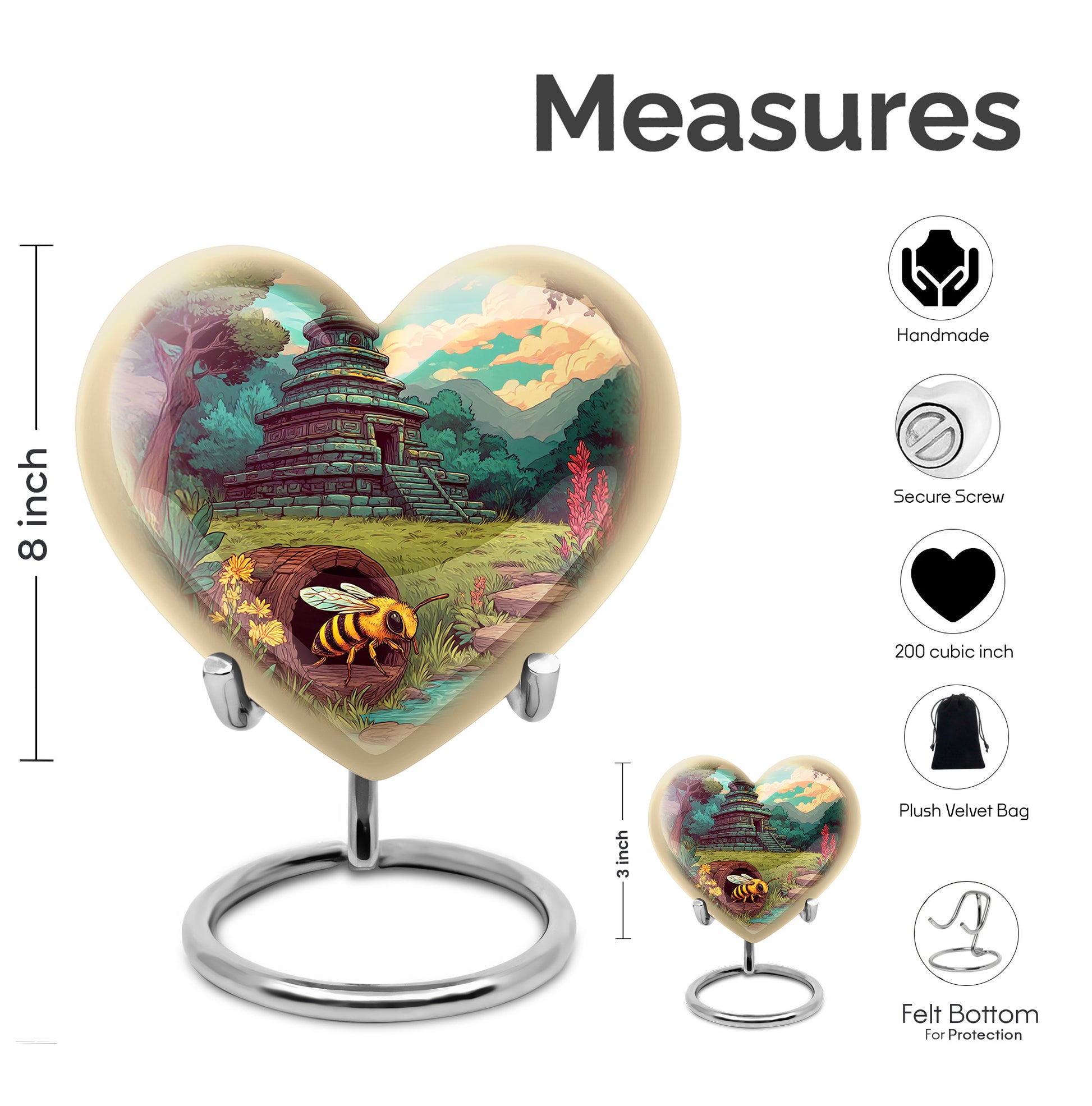 Hunter Green Bee Cremation Urn front view showing detailed design - compassionate heart-bee combination with gentle curves - mini keepsake memorial for portion of cremation ashes