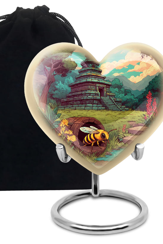 Pine Green Bee Cremation Urn detail view - romantic heart urn with bee motif on aluminum - full-size 10 inch 200 cubic inch adult cremation urn