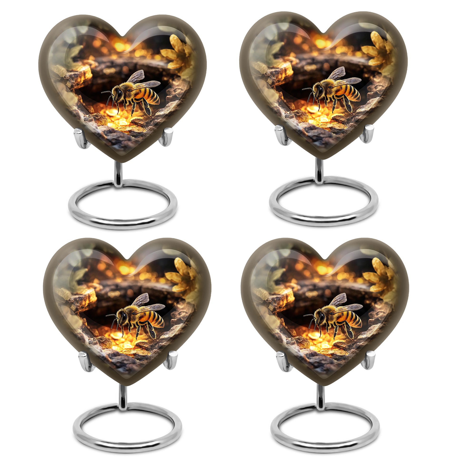 Champagne Gold Bee Cremation Urn angled view of lid and engraved motif - loving heart memorial featuring bee pattern - 10 inch aluminum urn for cremated remains