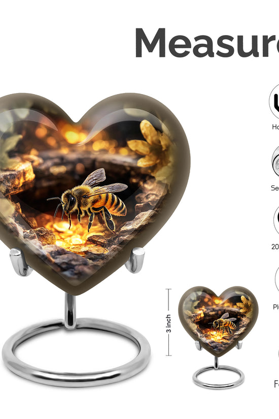 Warm Gold Bee Cremation Urn front view showing detailed design - compassionate heart-bee combination with gentle curves - mini keepsake memorial for portion of cremation ashes