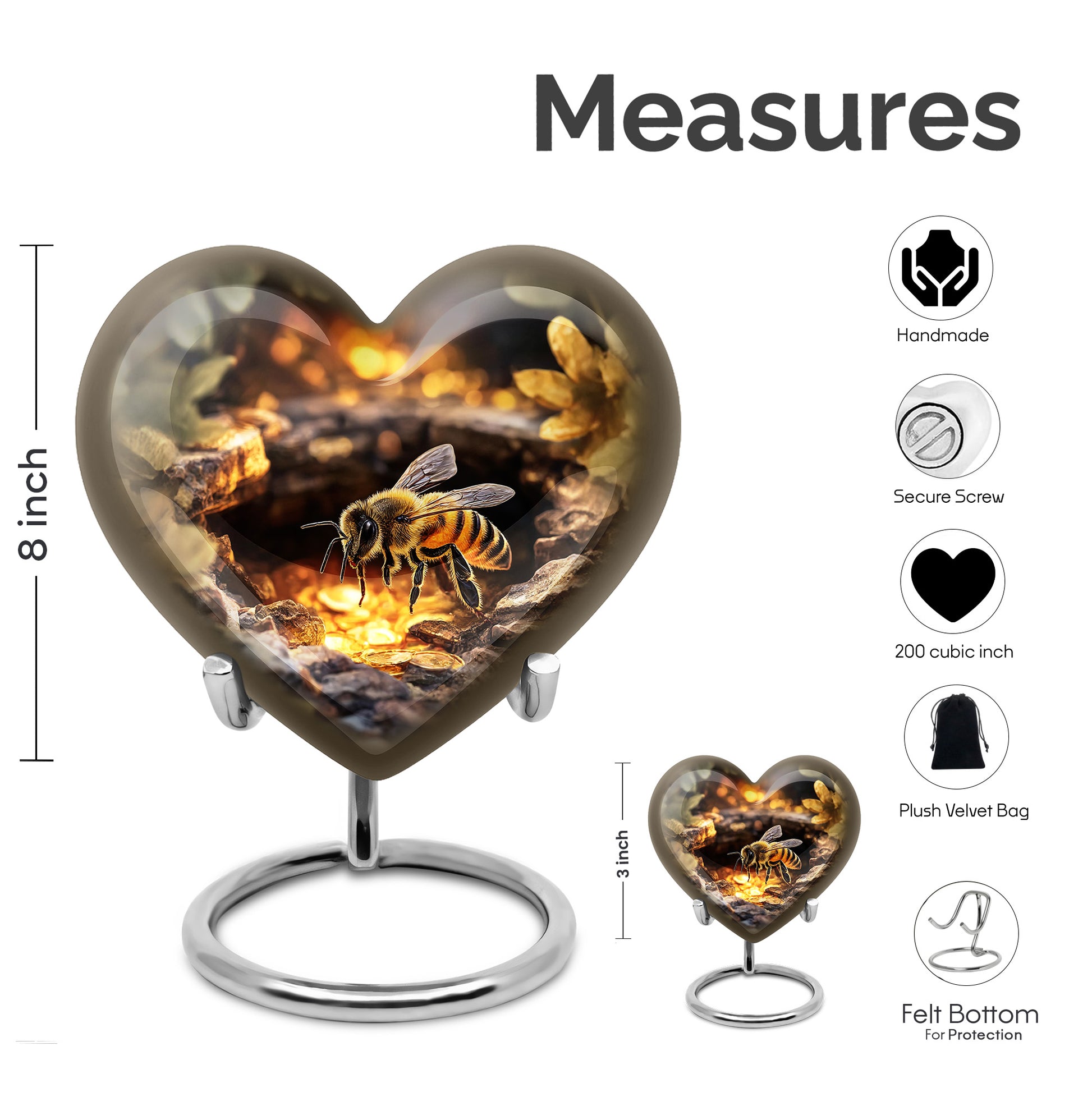 Warm Gold Bee Cremation Urn front view showing detailed design - compassionate heart-bee combination with gentle curves - mini keepsake memorial for portion of cremation ashes