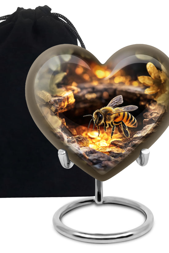 Sunrise Gold Bee Cremation Urn detail view - loving heart memorial featuring bee pattern - full-size 10 inch 200 cubic inch adult cremation urn