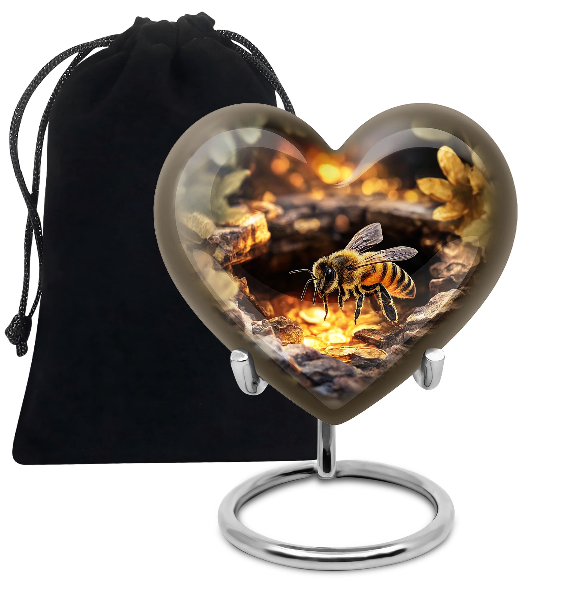 Sunrise Gold Bee Cremation Urn detail view - loving heart memorial featuring bee pattern - full-size 10 inch 200 cubic inch adult cremation urn