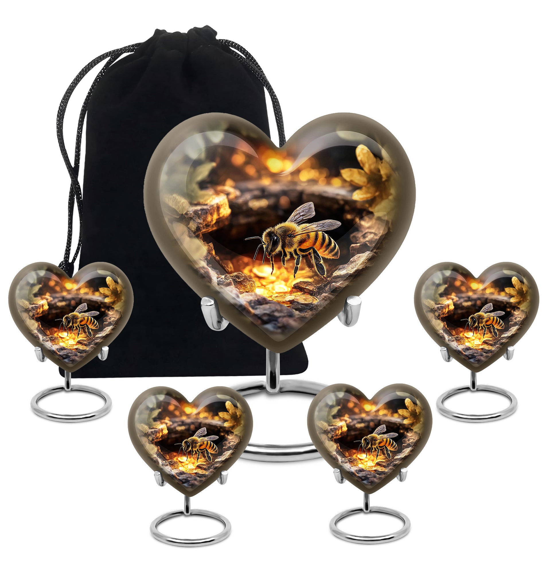 Matte Gold Bee Cremation Urn close-up of engraving and surface detail - romantic heart urn with bee motif on aluminum - memorial set with one large and four small urns