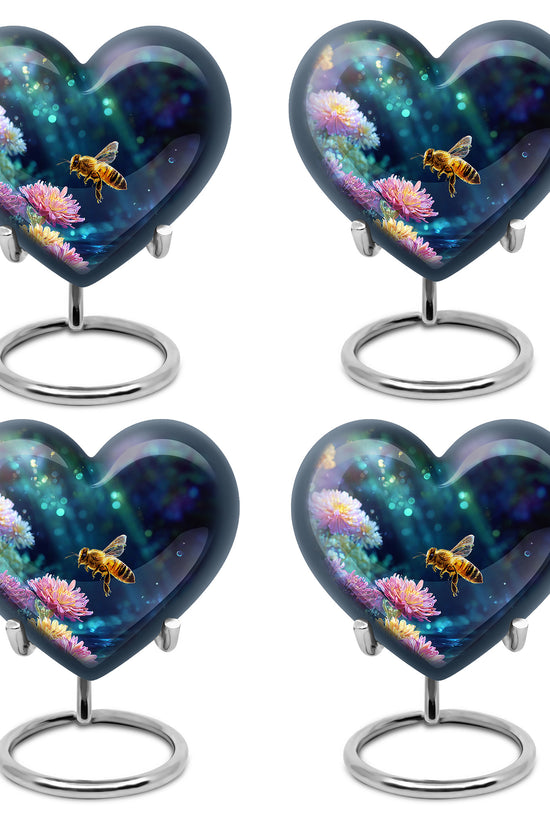 Rich Black Bee Cremation Urn angled view of lid and engraved motif - loving heart memorial featuring bee pattern - 10 inch aluminum urn for cremated remains