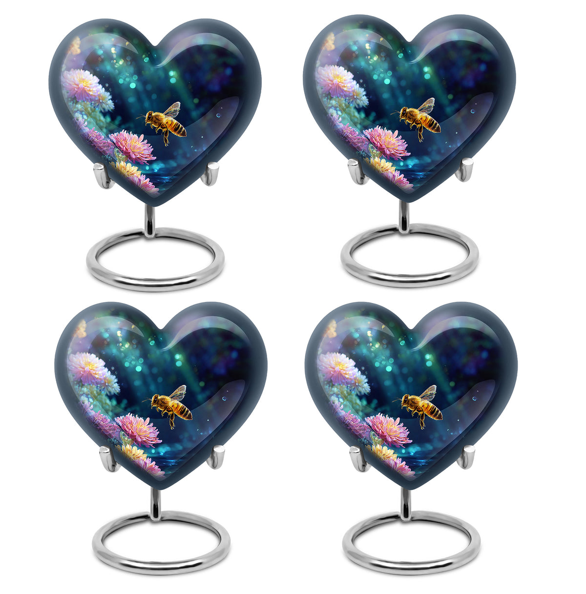 Rich Black Bee Cremation Urn angled view of lid and engraved motif - loving heart memorial featuring bee pattern - 10 inch aluminum urn for cremated remains