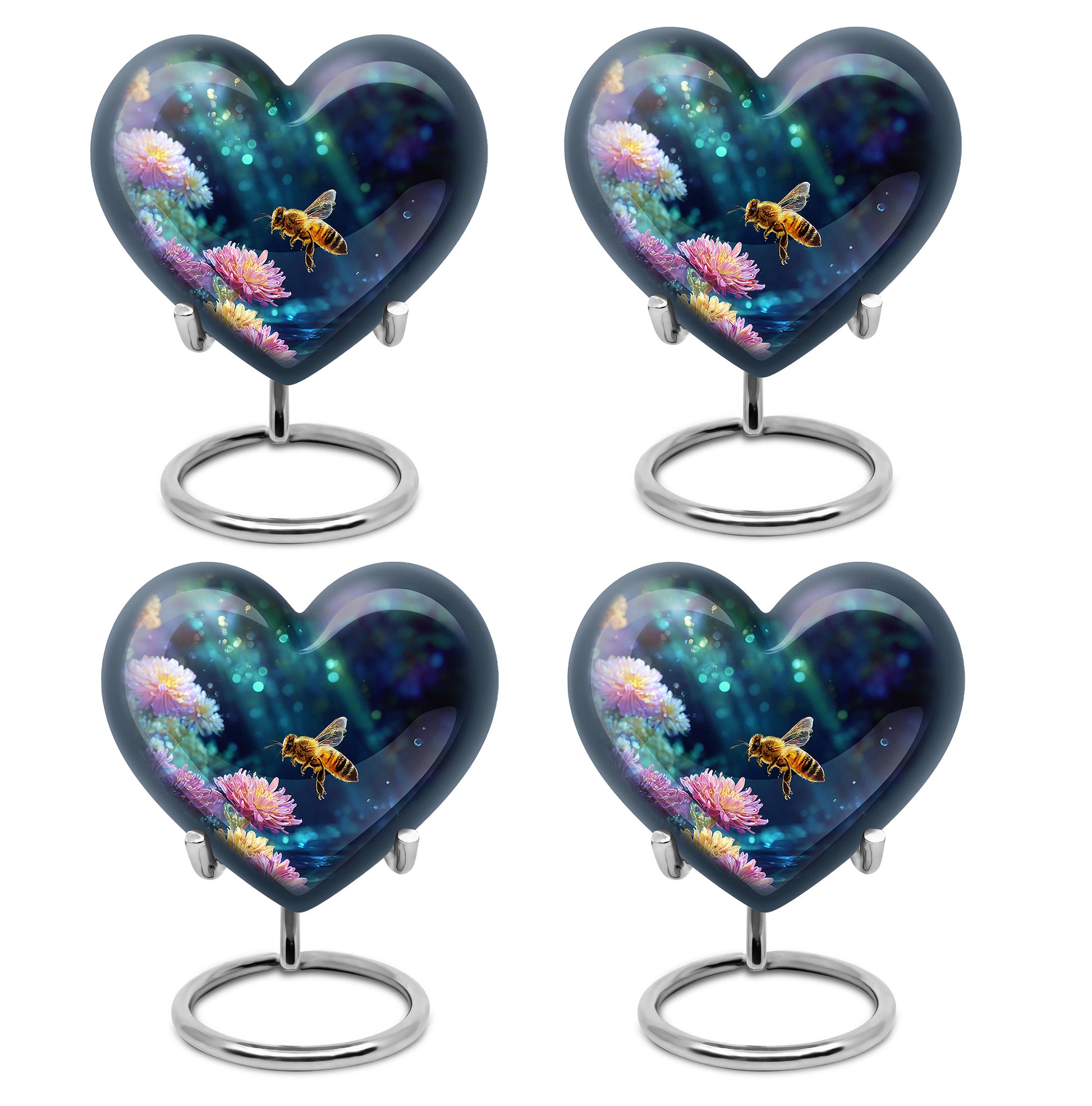 Rich Black Bee Cremation Urn angled view of lid and engraved motif - loving heart memorial featuring bee pattern - 10 inch aluminum urn for cremated remains