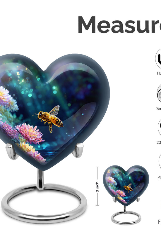 Rich Black Bee Cremation Urn front view showing detailed design - loving heart memorial featuring bee pattern - mini keepsake memorial for portion of cremation ashes