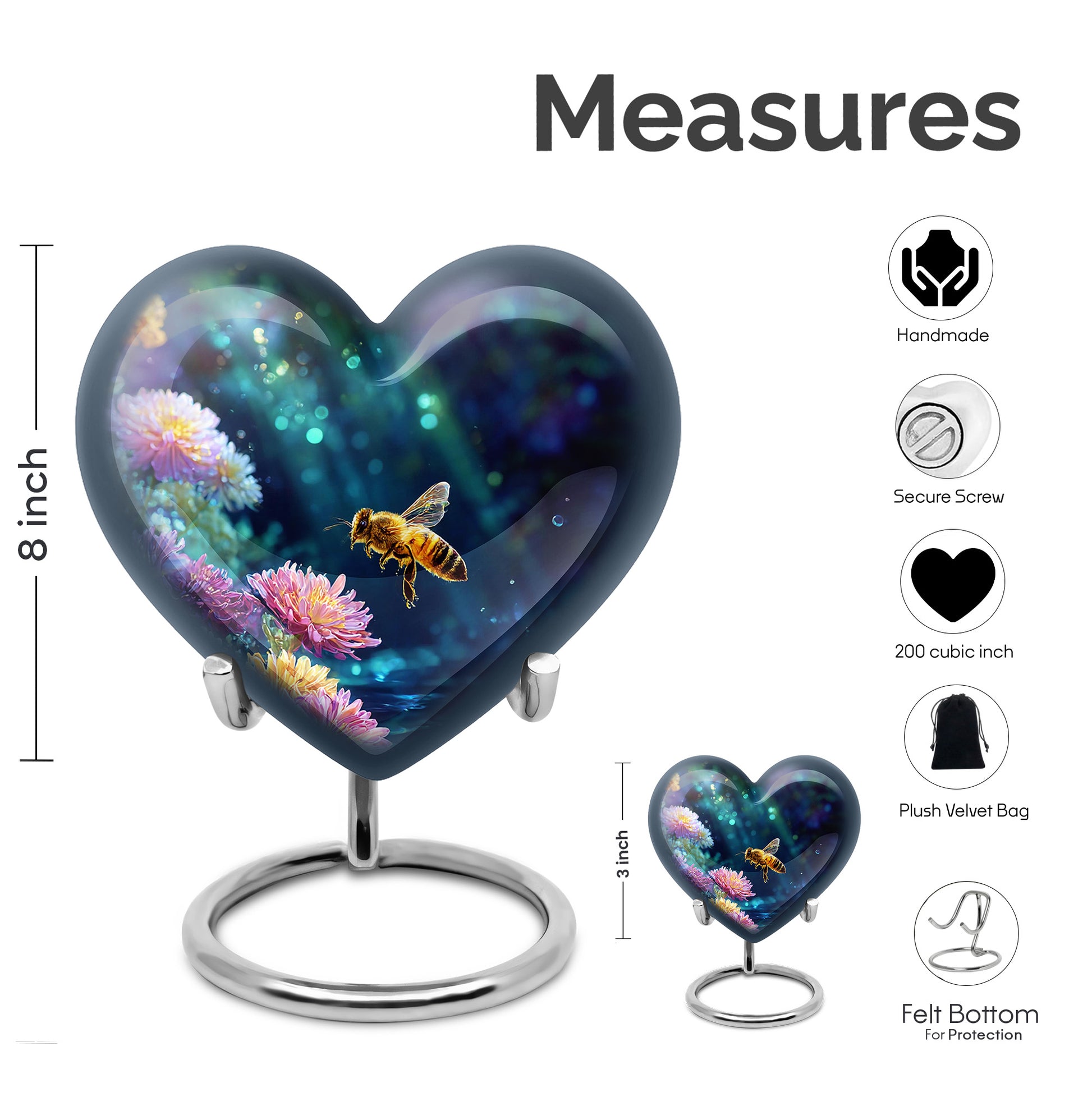 Rich Black Bee Cremation Urn front view showing detailed design - loving heart memorial featuring bee pattern - mini keepsake memorial for portion of cremation ashes