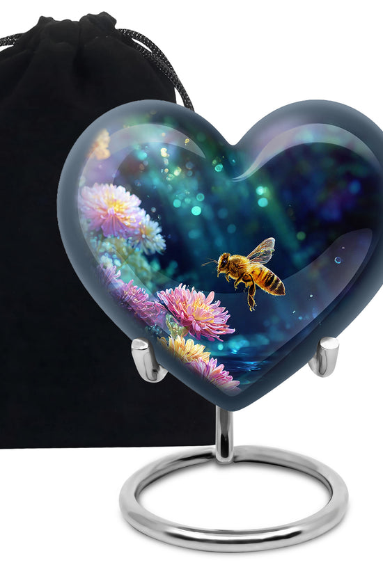 Charcoal Black Bee Cremation Urn detail view - romantic heart urn with bee motif on aluminum - full-size 10 inch 200 cubic inch adult cremation urn