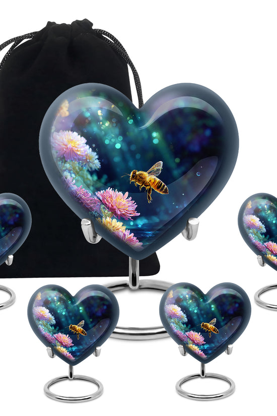 Onyx Black Bee Cremation Urn close-up of engraving and surface detail - romantic heart urn with bee motif on aluminum - memorial set with one large and four small urns