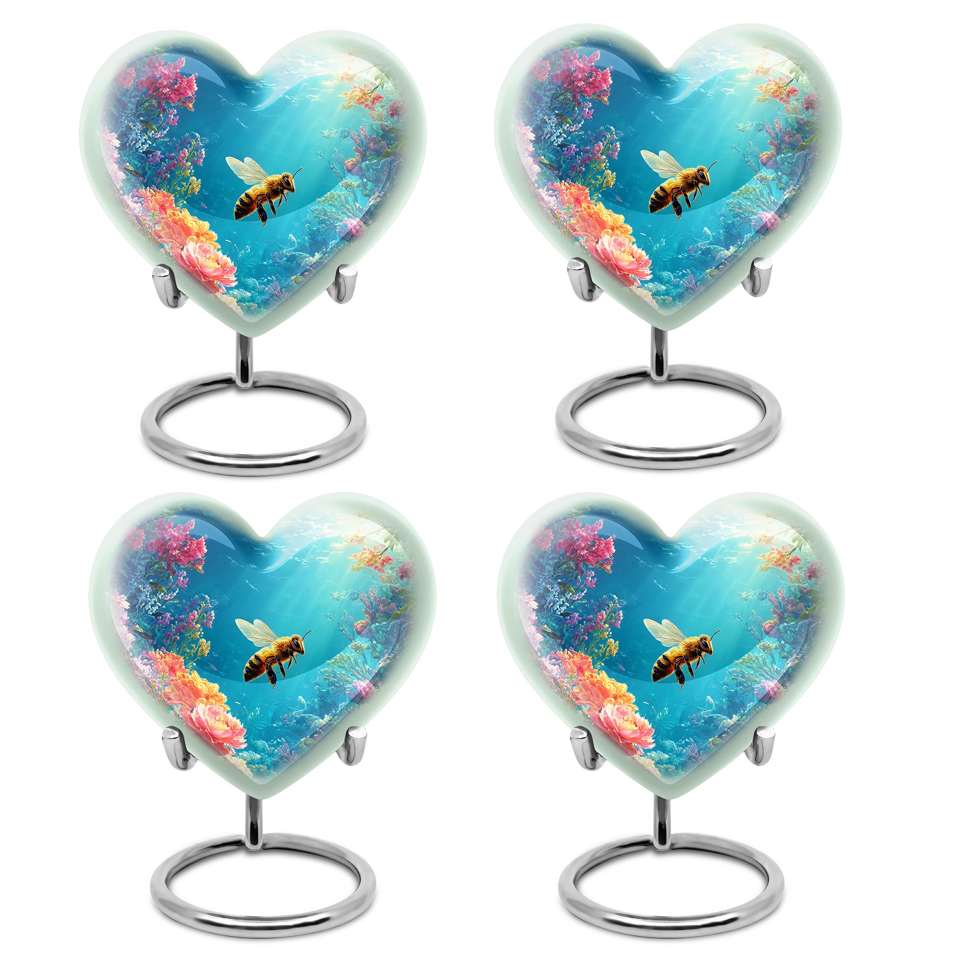 Dusty Blue Bee Cremation Urn angled view of lid and engraved motif - heart-shaped bee design symbolizing eternal love - 10 inch aluminum urn for cremated remains
