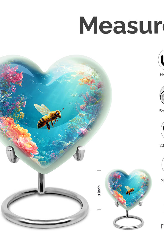 Icy Blue Bee Cremation Urn front view showing detailed design - heart-shaped bee design symbolizing eternal love - mini keepsake memorial for portion of cremation ashes