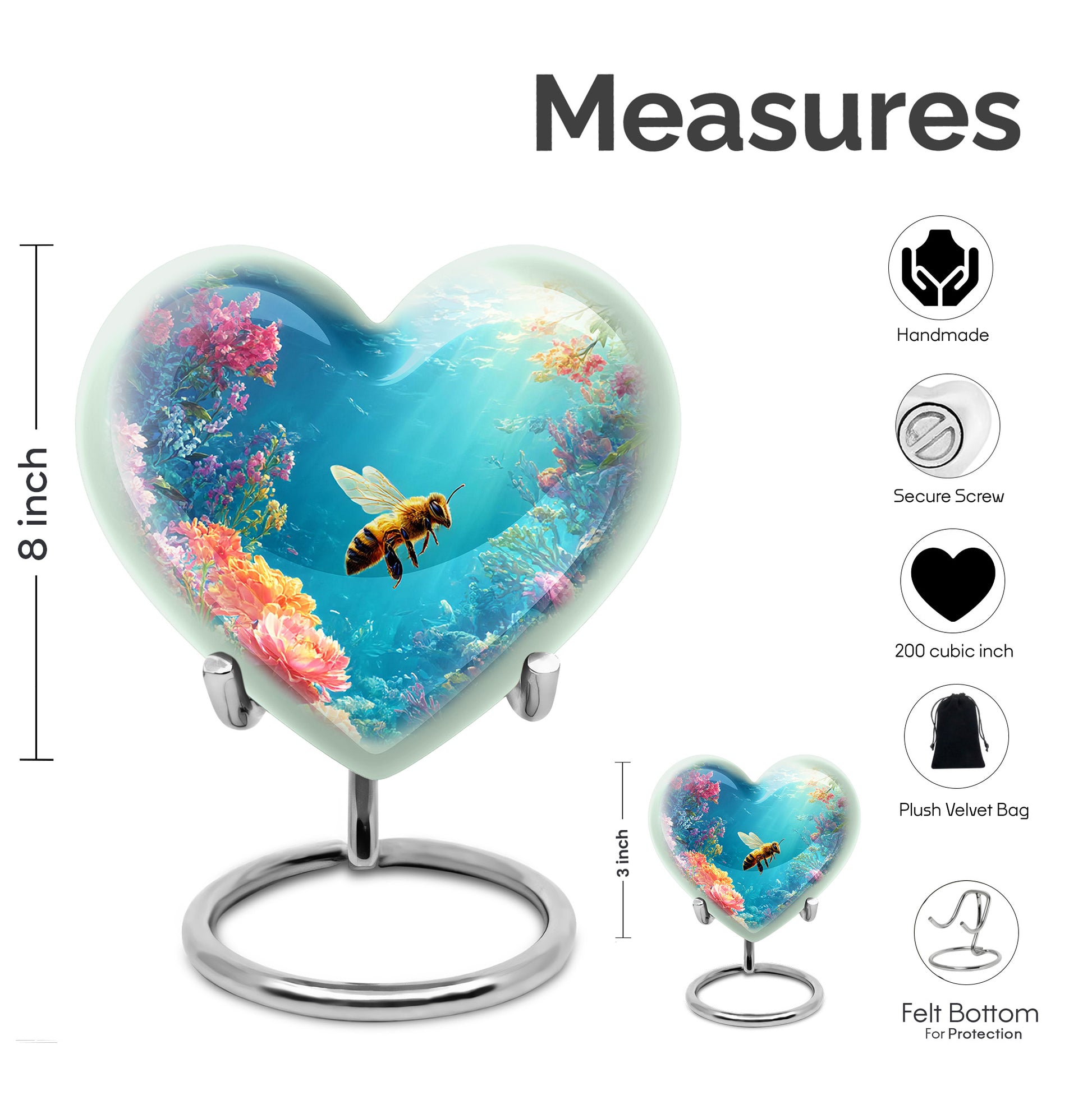 Icy Blue Bee Cremation Urn front view showing detailed design - heart-shaped bee design symbolizing eternal love - mini keepsake memorial for portion of cremation ashes