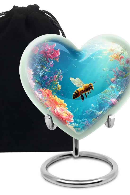 Cornflower Blue Bee Cremation Urn detail view - romantic heart urn with bee motif on aluminum - full-size 10 inch 200 cubic inch adult cremation urn