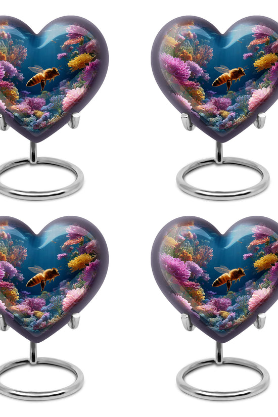 Misty Blue Bee Cremation Urn angled view of lid and engraved motif - heart-shaped bee design symbolizing eternal love - 10 inch aluminum urn for cremated remains