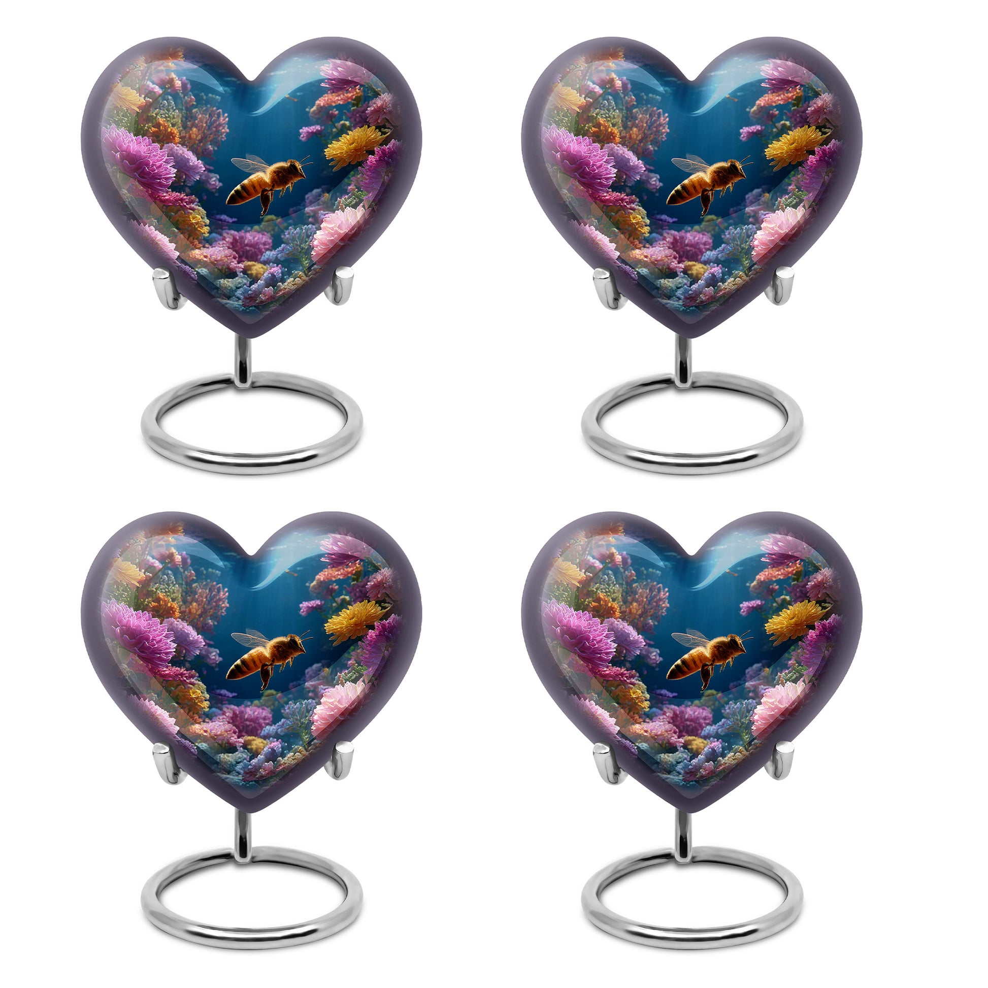 Misty Blue Bee Cremation Urn angled view of lid and engraved motif - heart-shaped bee design symbolizing eternal love - 10 inch aluminum urn for cremated remains