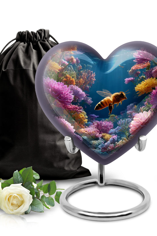Vivid Blue Bee Cremation Urn detail view - romantic heart urn with bee motif on aluminum - full-size 10 inch 200 cubic inch adult cremation urn