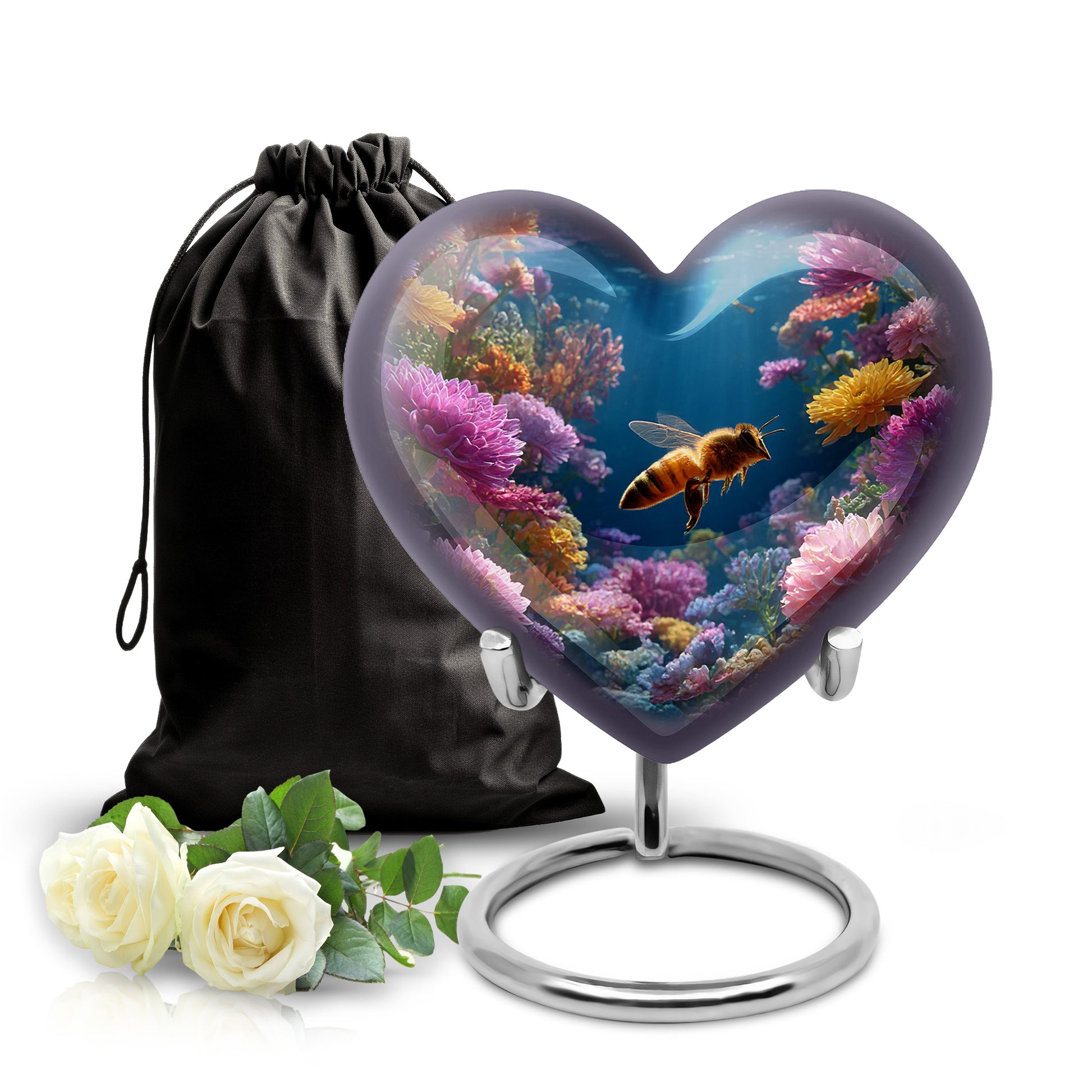 Vivid Blue Bee Cremation Urn detail view - romantic heart urn with bee motif on aluminum - full-size 10 inch 200 cubic inch adult cremation urn