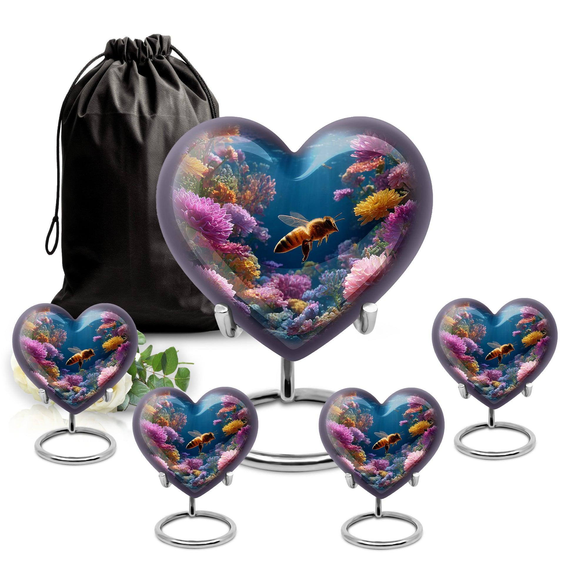 Celestial Blue Bee Cremation Urn close-up of engraving and surface detail - heart-shaped bee design symbolizing eternal love - memorial set with one large and four small urns