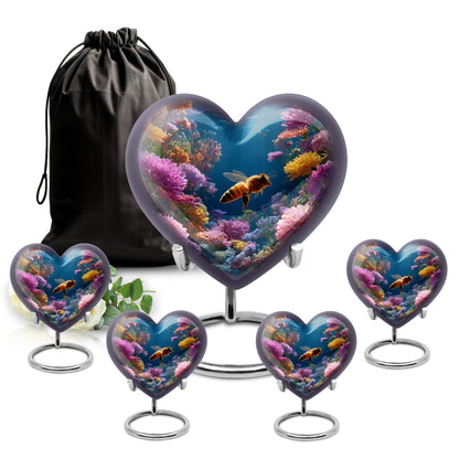 Celestial Blue Bee Cremation Urn close-up of engraving and surface detail - heart-shaped bee design symbolizing eternal love - memorial set with one large and four small urns