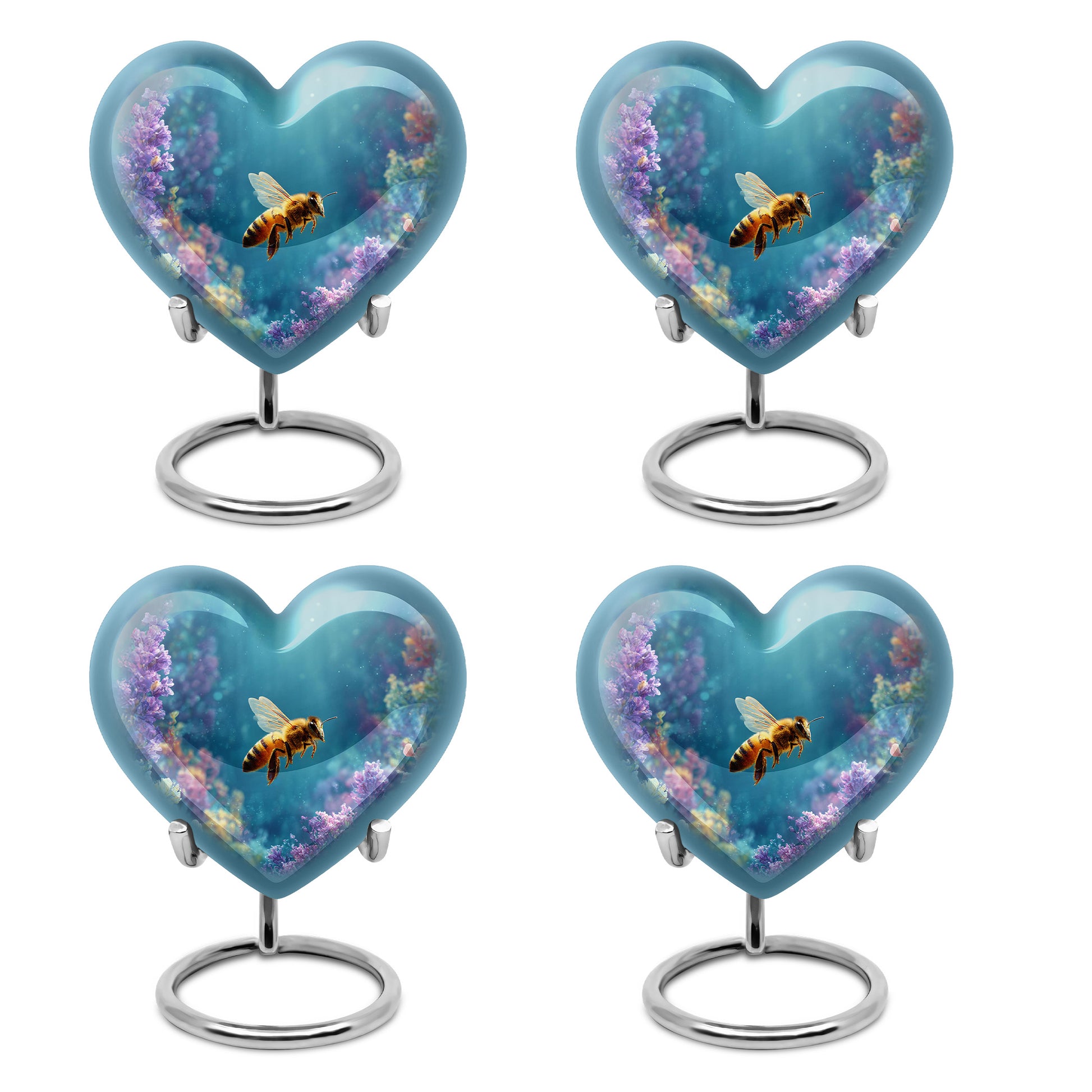 Tropical Teal Bee Cremation Urn angled view of lid and engraved motif - compassionate heart-bee combination with gentle curves - 10 inch aluminum urn for cremated remains