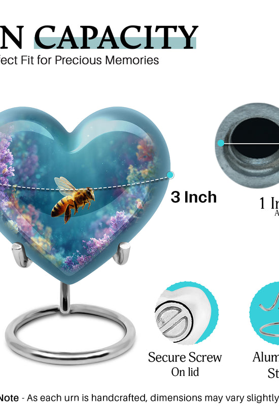 Tropical Teal Bee Cremation Urn front view showing detailed design - compassionate heart-bee combination with gentle curves - mini keepsake memorial for portion of cremation ashes