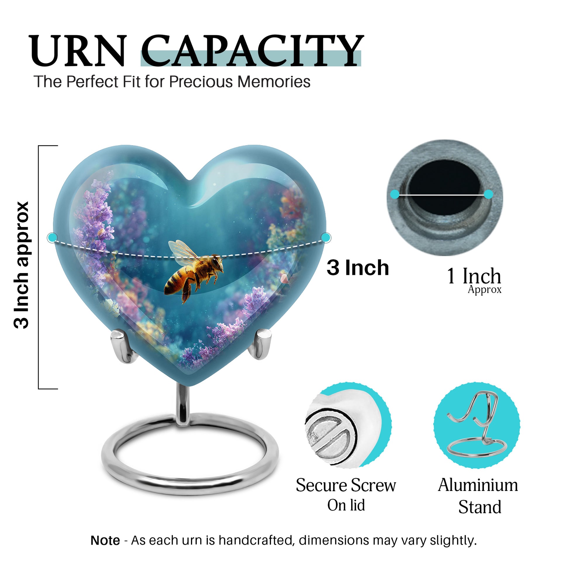 Tropical Teal Bee Cremation Urn front view showing detailed design - compassionate heart-bee combination with gentle curves - mini keepsake memorial for portion of cremation ashes