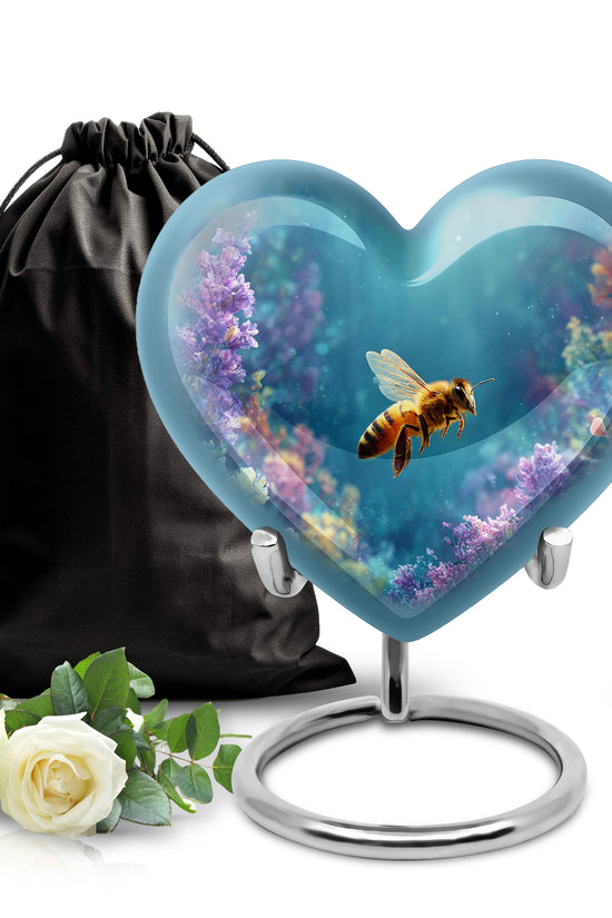 Ocean Teal Bee Cremation Urn detail view - loving heart memorial featuring bee pattern - full-size 10 inch 200 cubic inch adult cremation urn