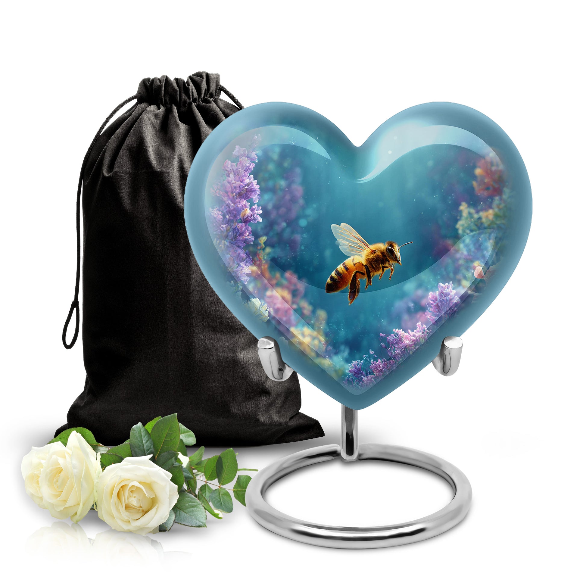Ocean Teal Bee Cremation Urn detail view - loving heart memorial featuring bee pattern - full-size 10 inch 200 cubic inch adult cremation urn
